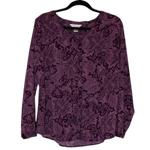 Christopher & Banks Purple V-neck Button Up Loose Blouse Floral Size Large